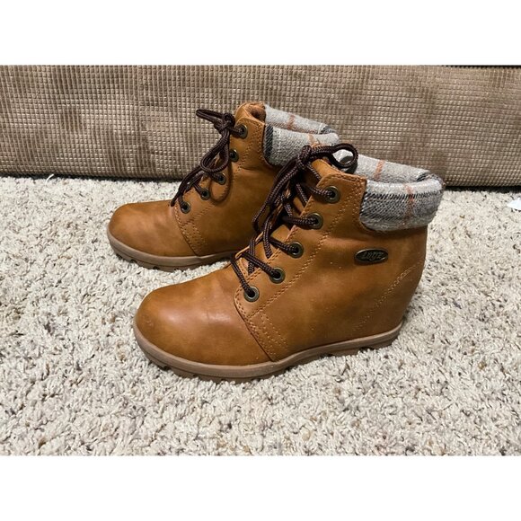 Lugz Womens Brown Ankle Boots With Plaid Collar & Wedge Heel Size 6 Faux Leather - Picture 9 of 11